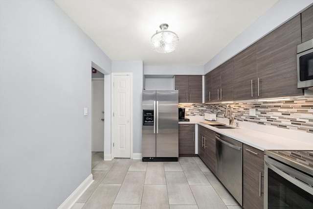 kitchen with decorative backsplash, a sink, stainless steel appliances, and light countertops