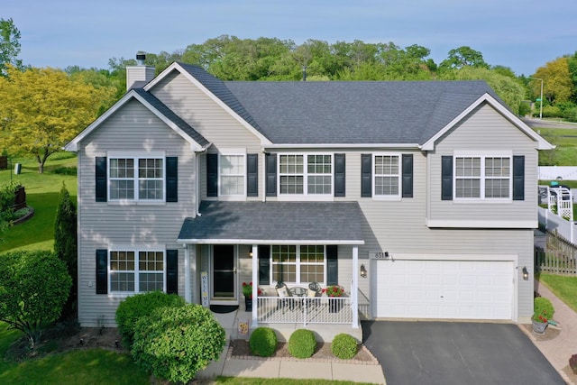 851 Crabapple Dr, Crystal Lake, IL 60014 - traditional home with covered porch, a chimney, a garage, asphalt driveway, and a shingled roof