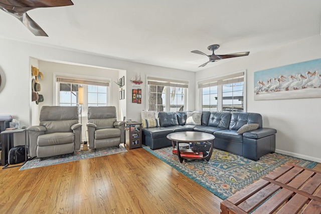 living room featuring a ceiling fan and wood finished floors