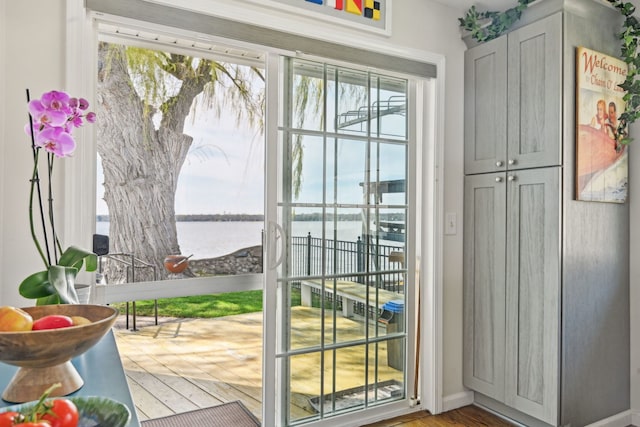 entryway with wood finished floors and a water view
