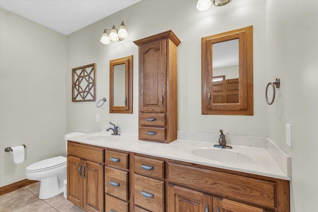 bathroom featuring tile patterned flooring, a sink, double vanity, and toilet