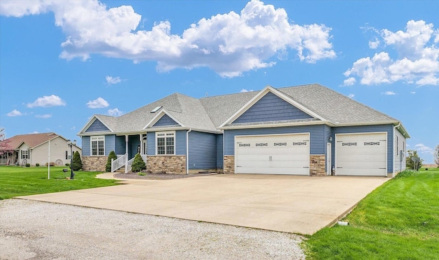craftsman house featuring an attached garage, stone siding, a front yard, and driveway