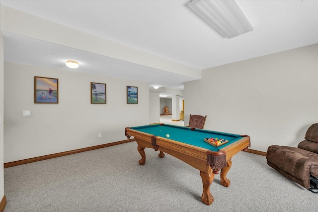 game room with baseboards, carpet, and billiards