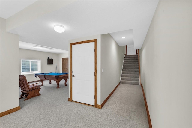 recreation room featuring baseboards, carpet, recessed lighting, and pool table