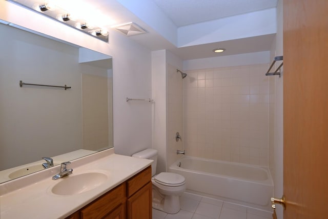 full bath featuring tile patterned flooring, toilet, vanity, shower / bathtub combination, and recessed lighting