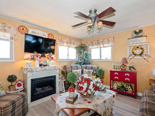 17237 Greenbay Ave, Lansing, IL 60438 - living area with wood finished floors, ceiling fan, crown molding, and a glass covered fireplace
