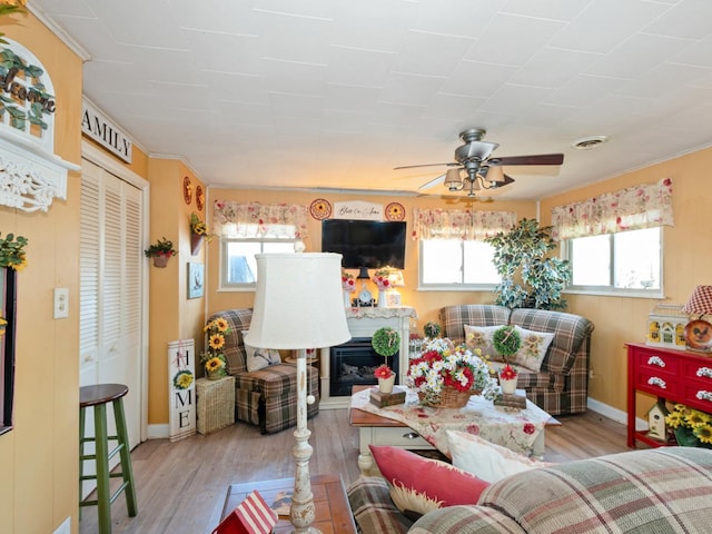 17237 Greenbay Ave, Lansing, IL 60438 - living area featuring a fireplace, wood finished floors, ceiling fan, and baseboards