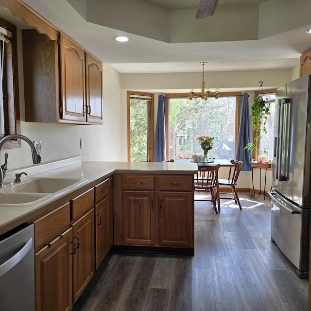 kitchen with dark wood-type flooring, stainless steel appliances, a peninsula, and a sink