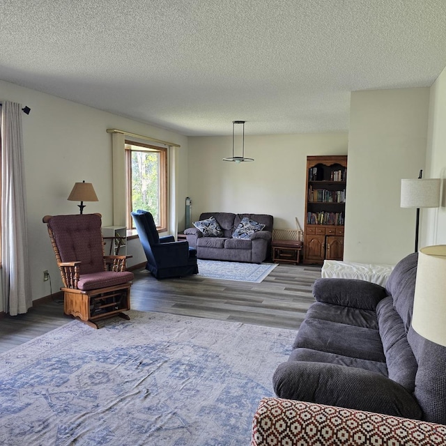 living room with a textured ceiling and wood finished floors