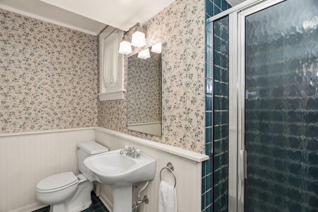 2717 Harrison St, Evanston, IL 60201 - full bath with toilet, a stall shower, a wainscoted wall, and wallpapered walls