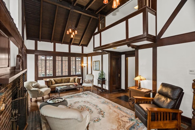 2717 Harrison St, Evanston, IL 60201 - living room with an inviting chandelier, wood finished floors, high vaulted ceiling, and beamed ceiling