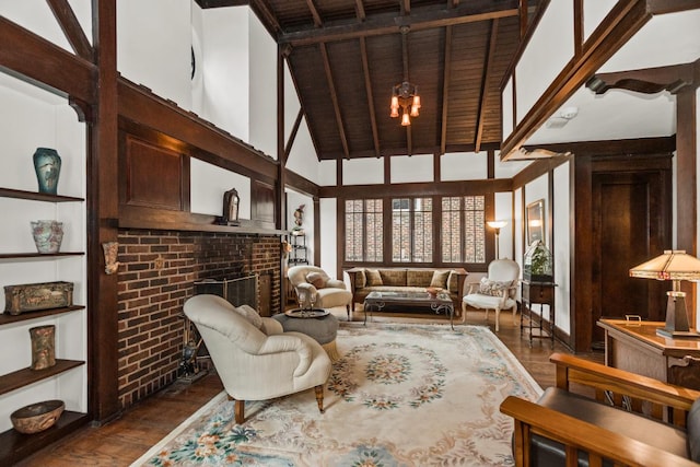 2717 Harrison St, Evanston, IL 60201 - living area with dark wood finished floors, a chandelier, beamed ceiling, a fireplace, and high vaulted ceiling