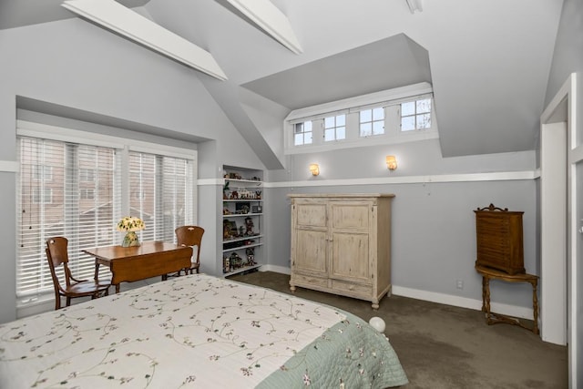 2717 Harrison St, Evanston, IL 60201 - bedroom featuring baseboards, dark colored carpet, and vaulted ceiling