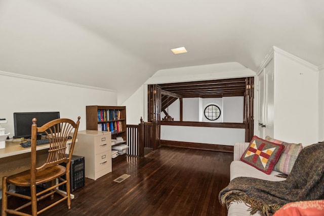 2717 Harrison St, Evanston, IL 60201 - office area featuring visible vents, hardwood / wood-style flooring, vaulted ceiling, and baseboards