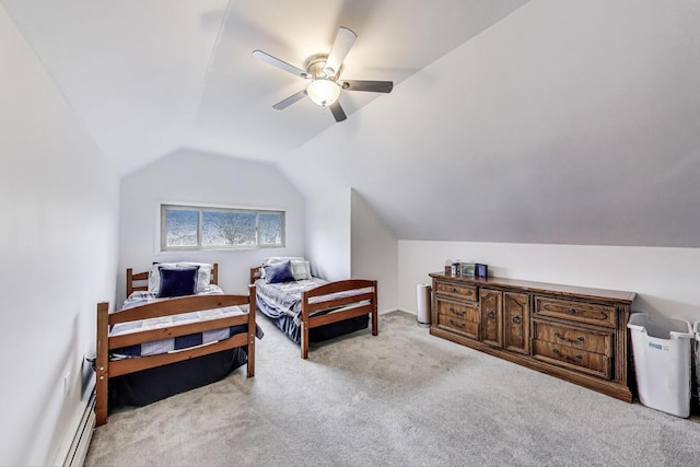 carpeted bedroom featuring a ceiling fan, lofted ceiling, and a baseboard radiator