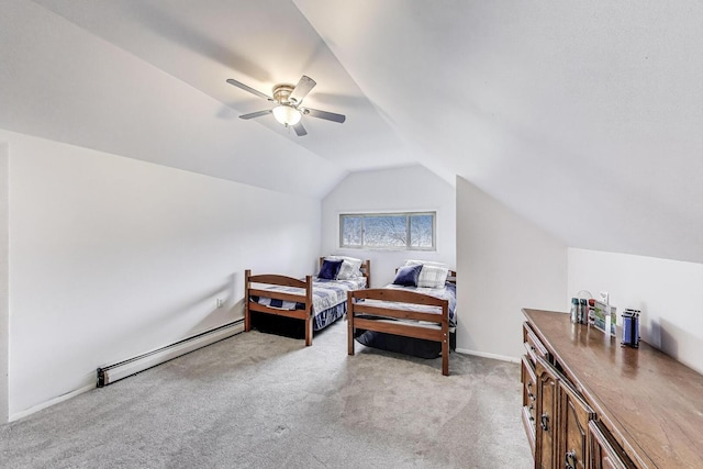 bedroom with vaulted ceiling, ceiling fan, a baseboard heating unit, and light colored carpet