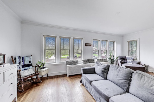 living room featuring baseboards, ornamental molding, and light wood finished floors