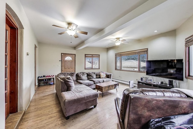 living area featuring a baseboard radiator, beamed ceiling, a ceiling fan, and light wood finished floors