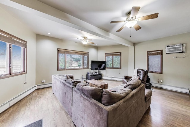 living area featuring light wood-style floors, ceiling fan, a baseboard heating unit, a wall unit AC, and a baseboard radiator
