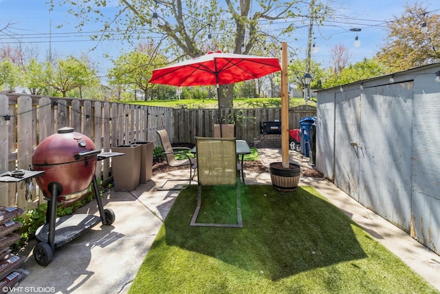 view of yard with outdoor dining space, a fenced backyard, and a patio area