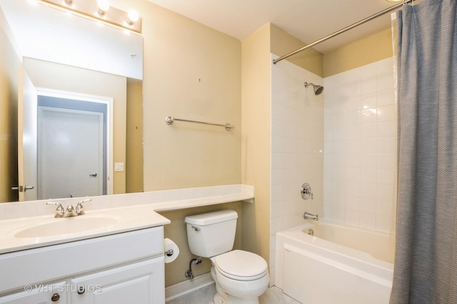 full bathroom featuring toilet, shower / bath combination with curtain, vanity, and tile patterned flooring