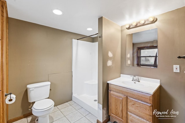 510 W 3rd St, Braidwood, IL 60408 - full bathroom with tile patterned flooring, a walk in shower, vanity, toilet, and recessed lighting