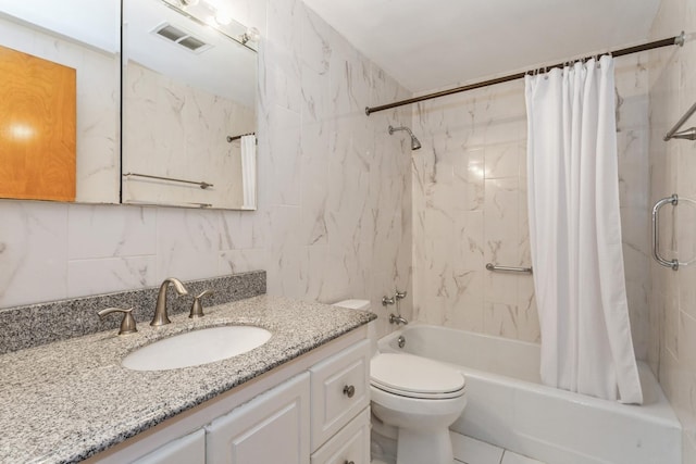 full bathroom with vanity, shower / tub combo with curtain, toilet, tasteful backsplash, and visible vents