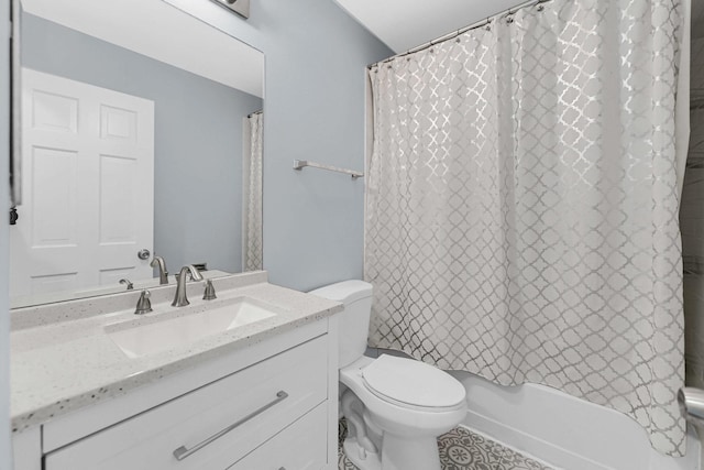 full bathroom with toilet, tile patterned flooring, shower / bath combo, and vanity