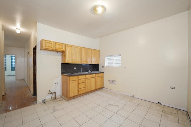 kitchen with baseboards, tasteful backsplash, and dark countertops