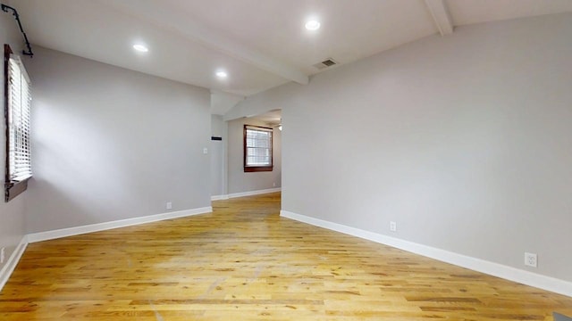unfurnished room featuring baseboards, recessed lighting, light wood-style floors, and visible vents