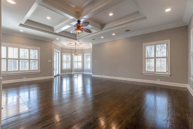 unfurnished living room featuring a ceiling fan, dark wood finished floors, and baseboards