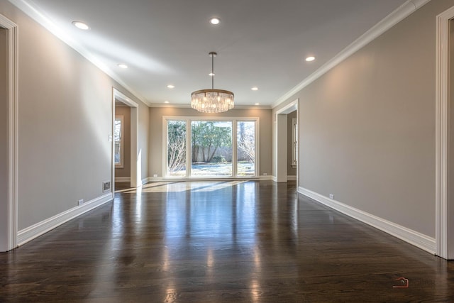 interior space featuring dark wood-style floors, recessed lighting, a chandelier, crown molding, and baseboards