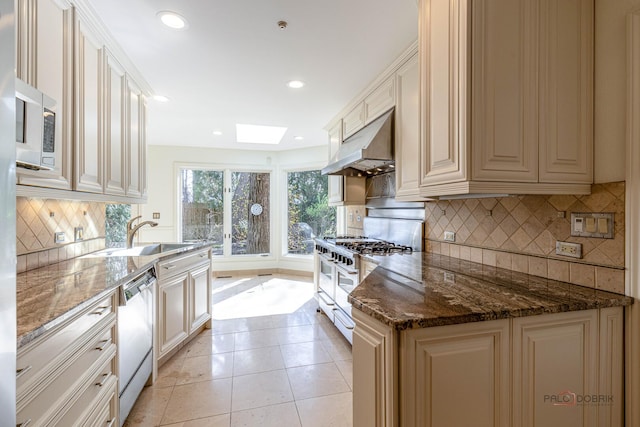 kitchen with backsplash, a sink, stainless steel appliances, under cabinet range hood, and a skylight