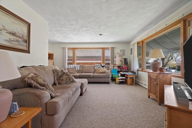 living room with a textured ceiling, light carpet, and a baseboard radiator