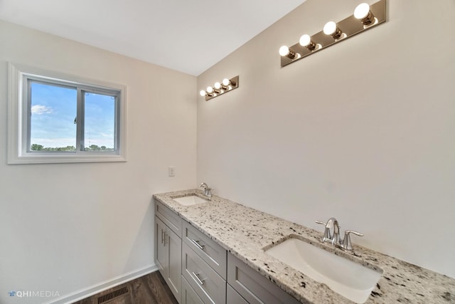 814 English St, Braidwood, IL 60408 - bathroom with a sink, double vanity, visible vents, and wood finished floors