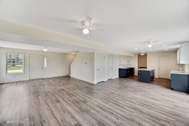 814 English St, Braidwood, IL 60408 - unfurnished living room with wood finished floors, ceiling fan, recessed lighting, and a sink