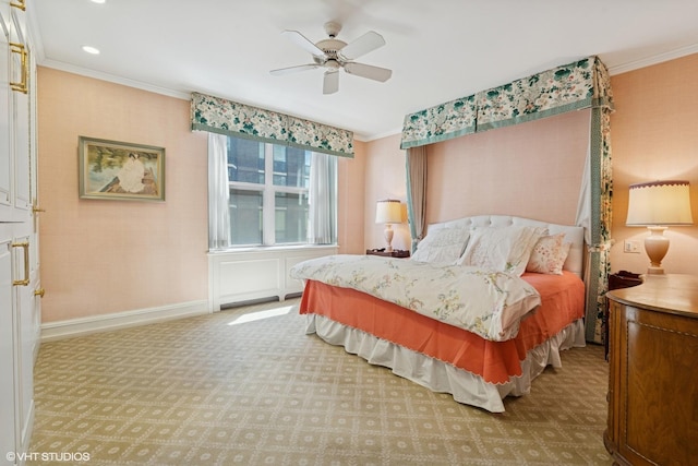 carpeted bedroom featuring crown molding, baseboards, ceiling fan, and recessed lighting