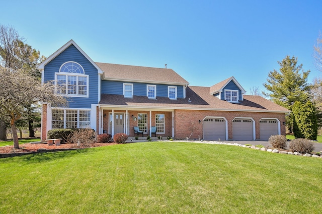 view of front of home featuring a garage, brick siding, aphalt driveway, and a front yard
