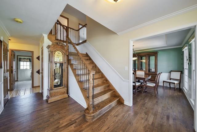 stairway featuring ornamental molding, wainscoting, wood finished floors, and baseboards