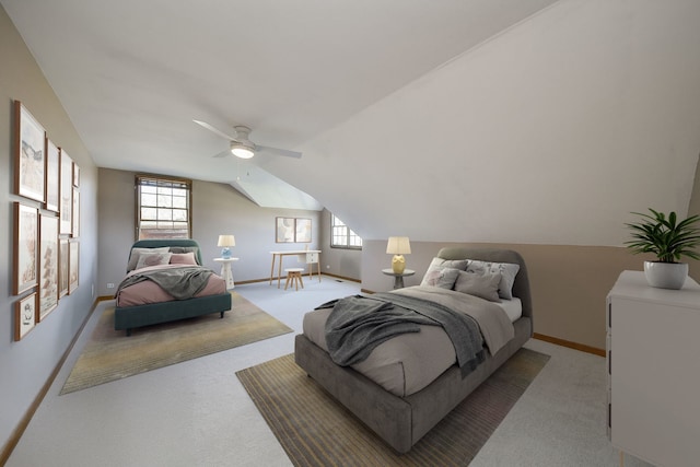 carpeted bedroom featuring baseboards, multiple windows, and vaulted ceiling