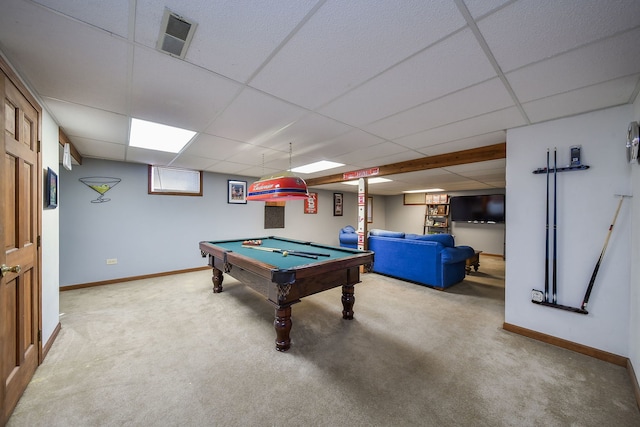 playroom featuring pool table, visible vents, carpet flooring, and a paneled ceiling