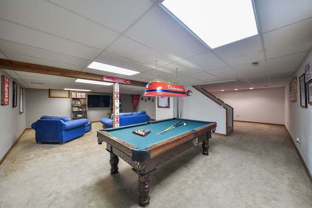 game room featuring baseboards, a drop ceiling, carpet floors, and pool table