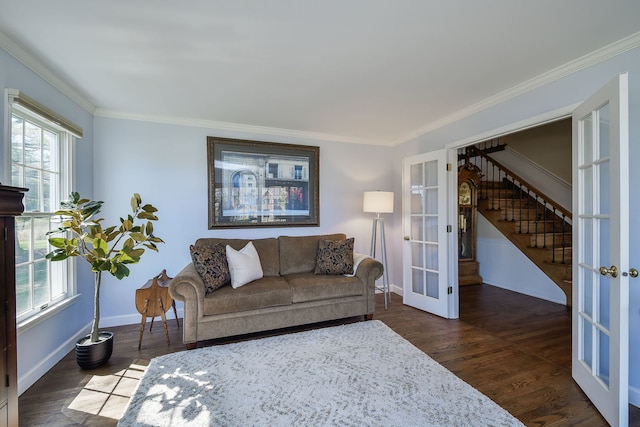 living room featuring stairway, baseboards, ornamental molding, dark wood finished floors, and french doors