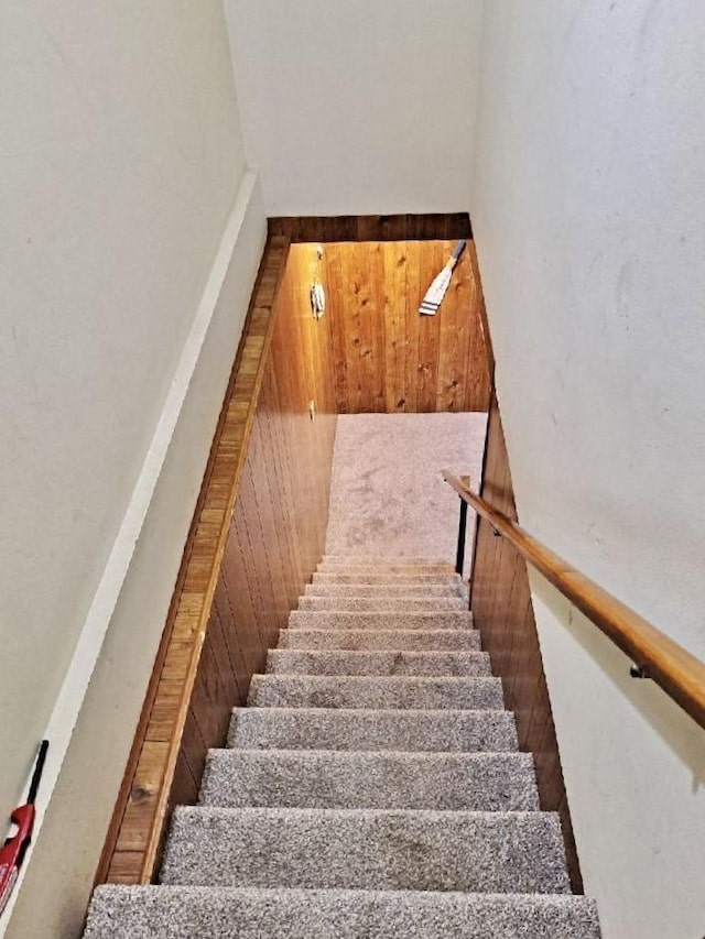 staircase featuring wood walls