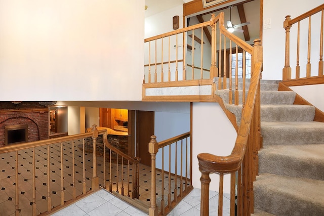 8360 W 100th Pl, Palos Hills, IL 60465 - stairs featuring a ceiling fan and a brick fireplace