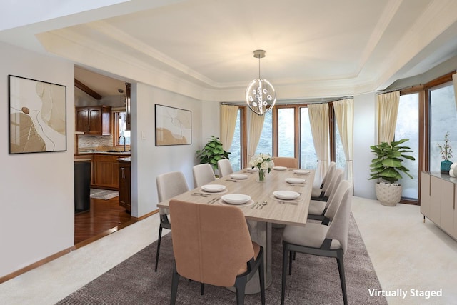 8360 W 100th Pl, Palos Hills, IL 60465 - dining room with crown molding, a raised ceiling, carpet, and a notable chandelier