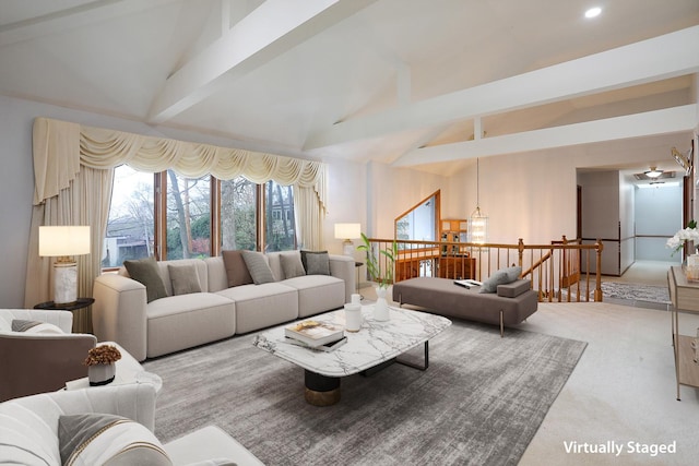 8360 W 100th Pl, Palos Hills, IL 60465 - carpeted living room featuring beamed ceiling, recessed lighting, and high vaulted ceiling