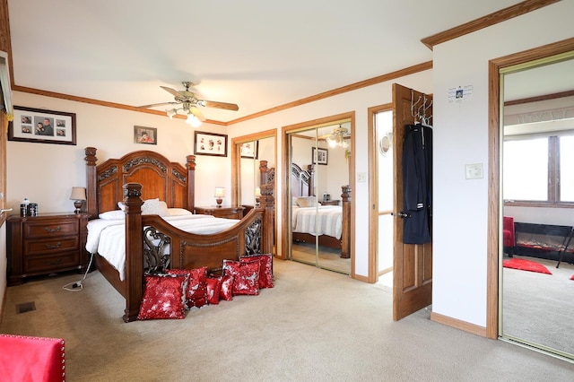 8360 W 100th Pl, Palos Hills, IL 60465 - carpeted bedroom featuring ornamental molding, multiple closets, and a ceiling fan