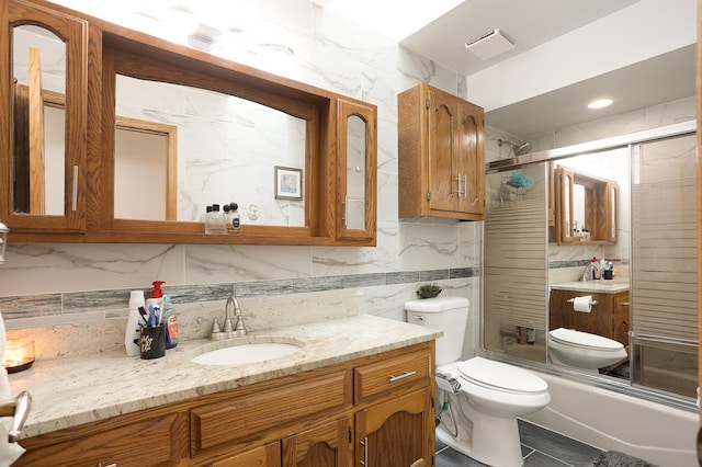 8360 W 100th Pl, Palos Hills, IL 60465 - full bathroom featuring toilet, tile walls, decorative backsplash, and vanity