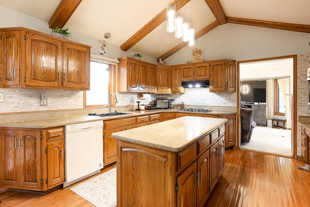 8360 W 100th Pl, Palos Hills, IL 60465 - kitchen featuring a sink, light wood-style floors, light countertops, dishwasher, and vaulted ceiling with beams